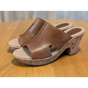 Born Børn Boc Women Shoes Brown 8M Leather Cork Heel Wedge Sandals Nice!